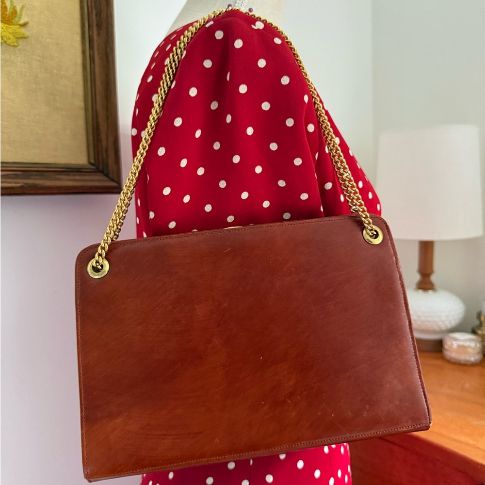 Vintage SAKS French Cognac Leather Shoulder Bag with Gold Chain